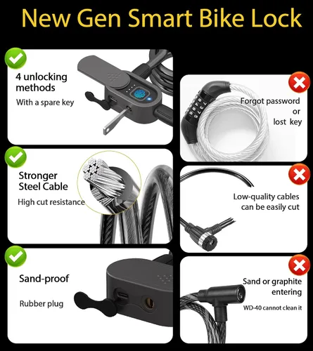 Vista 2 de eLinkSmart - Cerradura de bicicleta de huellas dactilares, bloqueo de cable