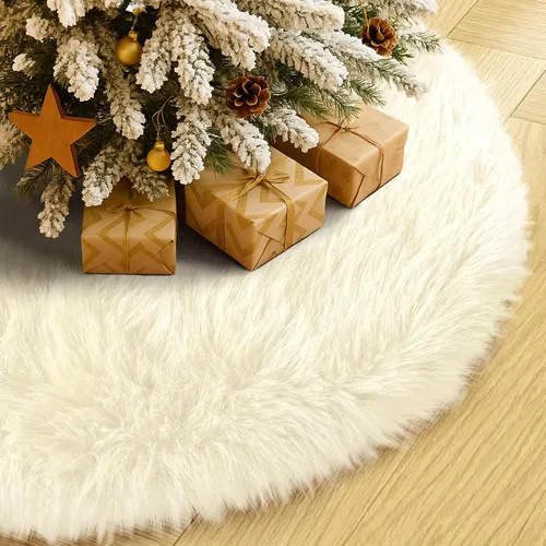 Vista 35 de Falda de Árbol de Navidad de 24 Pulgadas - Falda de Árbol de Piel Sintética Esponjosa Beige Blanca, Decoración Navideña de Felpa de Color Toka