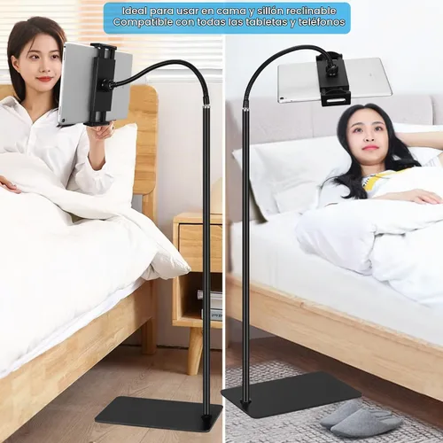 Vista 3 de Soporte de suelo para tableta con base de doble peso, soporte de metal giratorio de 360 grados con soporte flexible de cuello de cisne de brazo