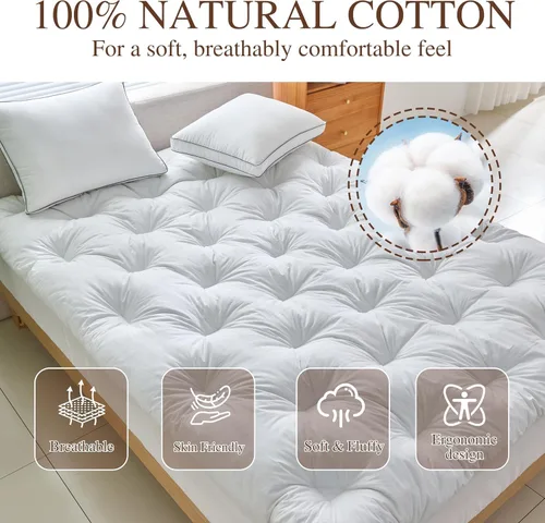 Vista 5 de WhatsBedding Cubrecolchón de plumas de 3 pulgadas, de espuma viscoelástica de plumas de pato, suave y esponjoso, para aliviar la presión