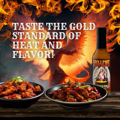 Vista 4 de Salsa picante Hellfire Devil's Gold, galardonada con múltiples premios, salsa picante gourmet a base de frutas, cuenta con pimientos amarillos súper