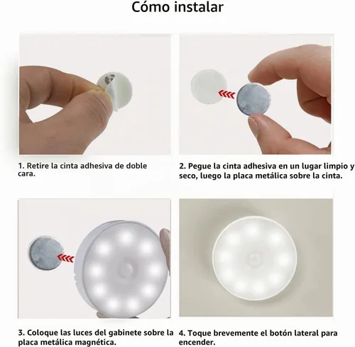 Vista 6 de LAVAED Paquete de 4 luces de disco con sensor de movimiento para interiores, luces LED de armario, luces nocturnas recargables por USB, 9 LED, 3000