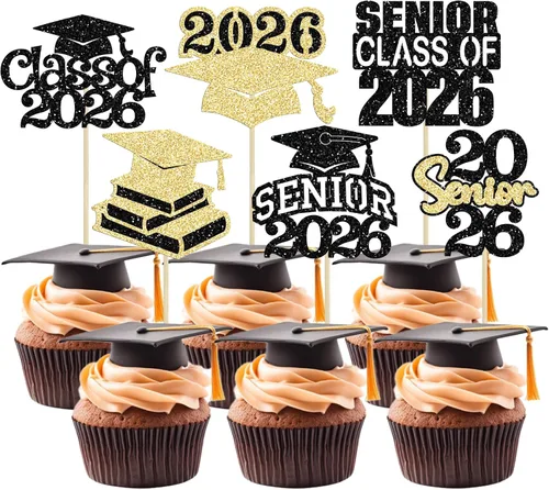 Vista 39 de Paquete de 24 adornos para cupcakes de clase 2026 con purpurina 2026 Felicidades Graduación Diploma Done Cupcake Picks 2026 Graduación Temática