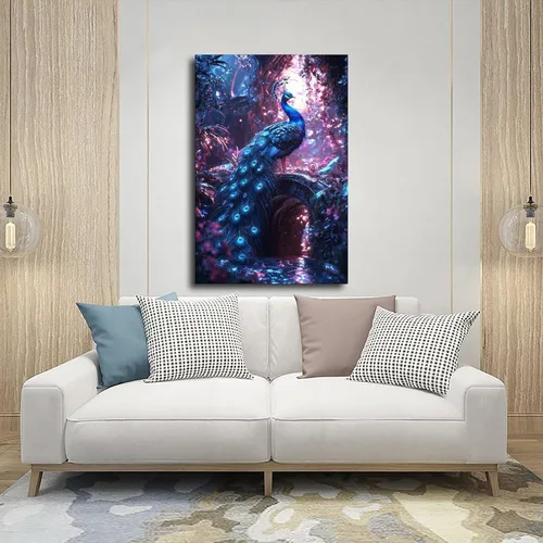 Vista 5 de XAHOR Cyber Peacock Temple Wall Art – Retro Futurism Fantasy Jungle Poster – Sci-Fi Bioluminescent Nature Print Canvas Poster Bedroom Decor Sports