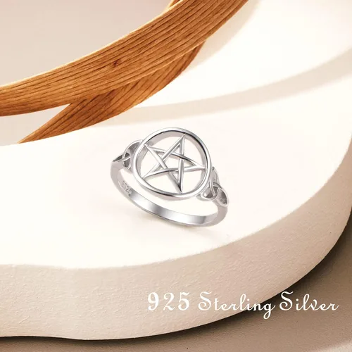 Vista 4 de Anillo de plata de ley S925 con amuleto de pentagrama de pentáculo, nudo celta, estrella y bruja, joyería para mujeres y hombres