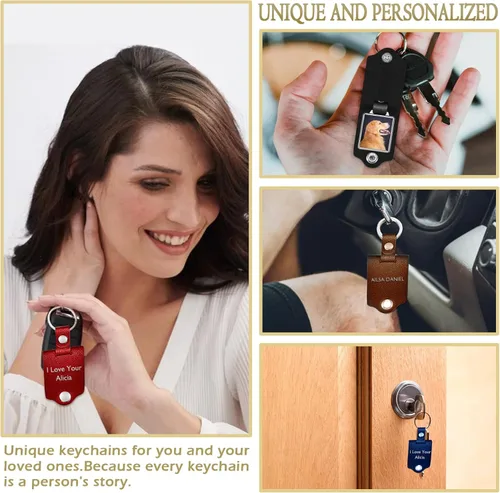 Vista 2 de Llavero personalizado con protección de cuero, llavero de texto personalizable con foto colorida para amantes de la familia, Rojo