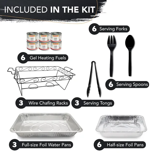 Vista 3 de Party Essentials Kit de servicio de bufé Elegance de 33 piezas, incluye estantes negros para rozar, sartenes de aluminio, sartenes de agua, latas