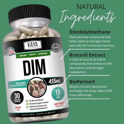 Vista 5 de Kaya Naturals DIM Ultra (30 cápsulas) Suplemento DIM para mujeres y hombres Cápsulas vegetales con extracto de brócoli y bioperina Suplemento