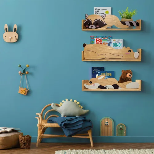 Vista 9 de 3 estantes flotantes, estante de pared para habitaciones de niños, estanterías de guardería de bosque, zorro de oso y mapache de 24 pulgadas