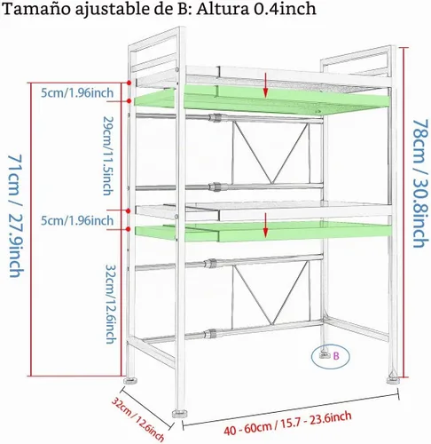 Vista 5 de PUSDON Estante para horno de microondas, estante ajustable resistente de 3 niveles con 3 ganchos para organizador de encimera de cocina