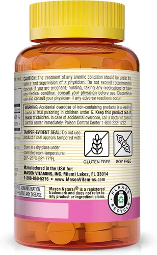 Vista 3 de MASON NATURAL Hierro 65 mg apoya la formación de glóbulos rojos, mejora la utilización de energía, suplementos minerales esenciales, negro, 100