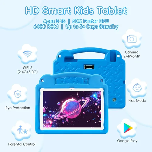 Vista 2 de Tableta para niños, tableta Android 15 de 10 pulgadas, 8 GB de RAM y 64 GB de ROM, CPU Octa-Core, Wi-Fi 6 de doble banda, batería de 5000 mAh Azul