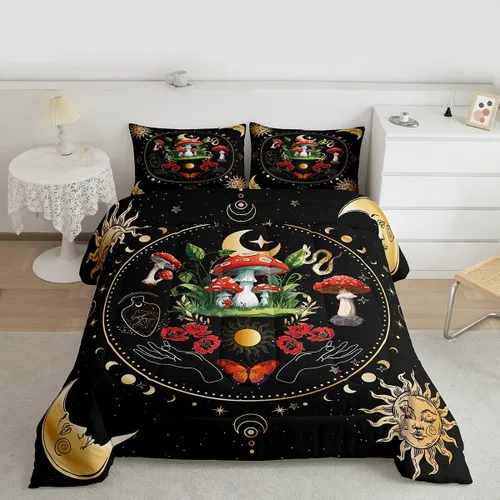 Vista 4 de Juego de edredón de champiñones para niños, tamaño individual, juego de ropa de cama romántica con sol, luna, cielo estrellado y galaxia, decoración