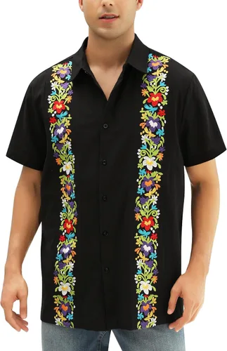Vista 9 de Camisas mexicanas para hombre, camisa de manga corta bordada con botones y cuello de guayabera tradicional Alebriges Negro