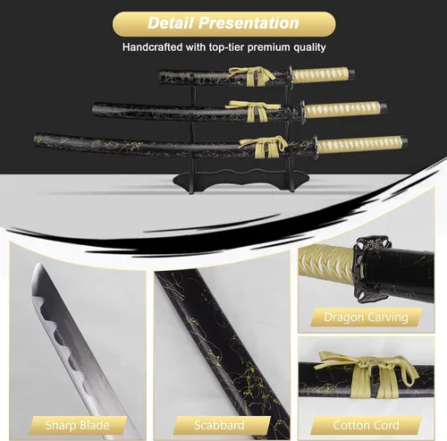 Vista 3 de Espada katana japonesa samurái – Hoja de espiga completa de acero al carbono real sin afilar, espada tradicional de práctica de Iaido