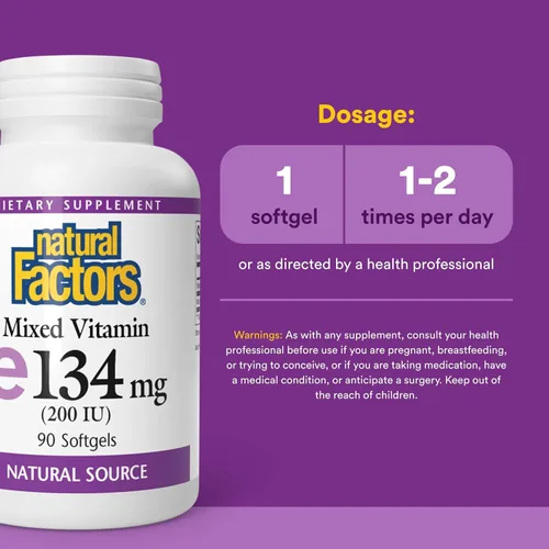 Vista 3 de Natural Factors Vitamina E Mixta 200 UI, Soporte Antioxidante para Integridad Celular, 90 Cápsulas Blandas