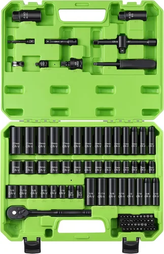 Vista 9 de Reniteco Juego de 25 piezas de llaves de casquillo de 1/2" de transmisión, SAE (3/8"- 1-1/2"), casquillos profundos, barras de extensión, reductor