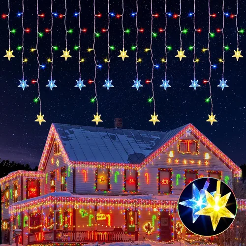 Vista 8 de oopswow 200 luces LED de carámbano de 16.5 pies para exteriores, cortina de carámbano blanca, 40 gotas, 8 modos con temporizador, luz de estrella