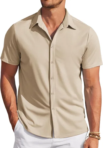 Vista 24 de COOFANDY - Camisas sin arrugas para hombre, casual, manga corta, con botones, de verano, elástica, de vestir