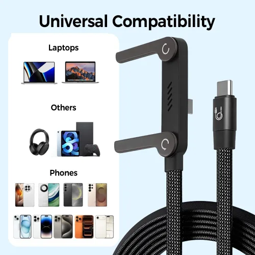Vista 5 de Cable de carga rápida trenzado de 240 W con soporte de teléfono integrado en forma de T, cable USB-C plegable y duradero de 90 grados, cable USB C