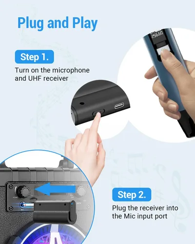 Vista 7 de Micrófonos Inalámbricos UHF Recargables, Dos Micrófonos de Mano de Metal con Receptor de 1/4", Plug-and-Play para Altavoz y Sistema PA, Karaoke