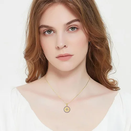 Vista 2 de Collar de oro macizo de 14 quilates para mujer, dije de sol y mal de ojo, delicado collar de protección contra el mal de ojo, 16 pulgadas + 2