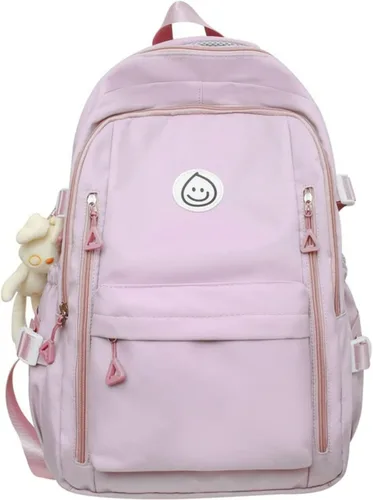 Vista 5 de Mochila preppy con bonito colgante para mujer, mochila para laptop con cara sonriente, mochila kawaii ligera y estética universitaria, Negro