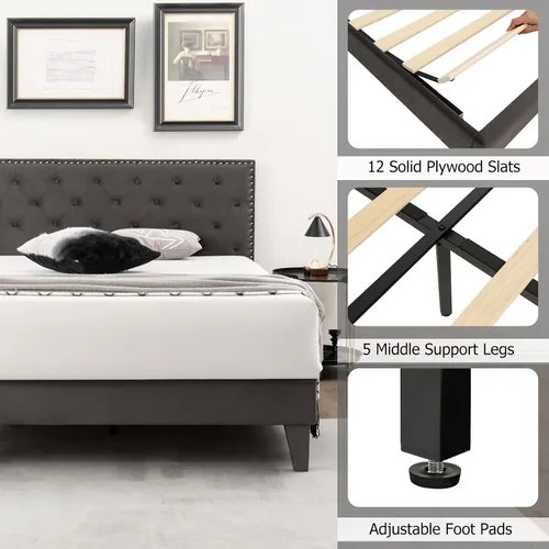 Vista 5 de KOMFOTT Base de cama tapizada tamaño matrimonial, base de cama de plataforma con cabecera copetuda y estribo acolchado suave, base de colchón