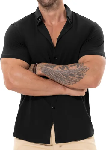Vista 2 de Askdeer Camisas de vestir musculosas para hombre, ajustadas, manga corta, elásticas, casuales, con botones