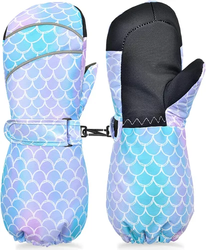 Vista 2 de AuSletie Guantes de invierno impermeables para niños, guantes de esquí para la nieve para niñas, guantes de snowboard cálidos con forro de sherpa