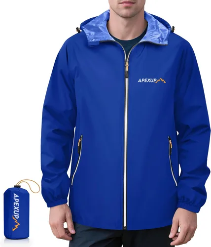 Vista 8 de APEXUP Chaqueta de lluvia empacable para hombre con cremallera reflectante, impermeable ligero, chaqueta de lluvia para hombre para deportes al aire