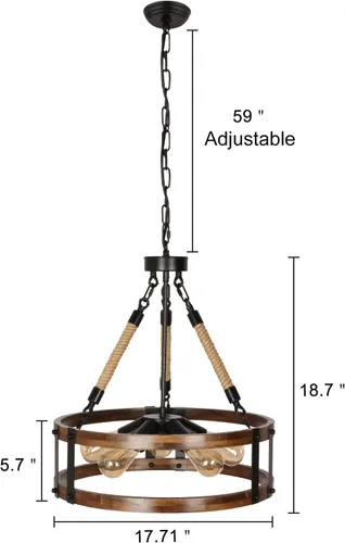 Vista 7 de Lámpara de araña rústica de granja, lámpara redonda de madera de 5 luces, accesorio de iluminación decorativo para comedor, cocina, isla y zona
