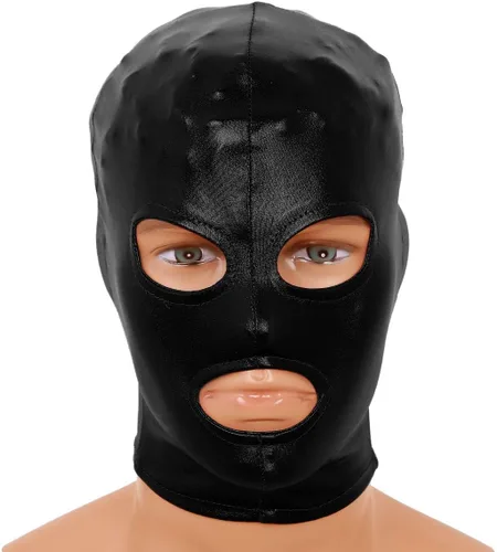 Vista 2 de Disfraz de casco metálico brillante para hombre, máscara de cara completa, ojos abiertos y accesorios para la boca