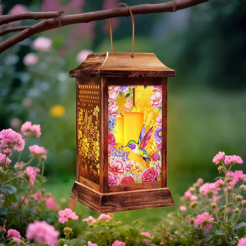 Vista 13 de Linternas solares de mariposa al aire libre impermeables, luces colgantes de metal y vidrio para decoración de jardín, regalos de cumpleaños