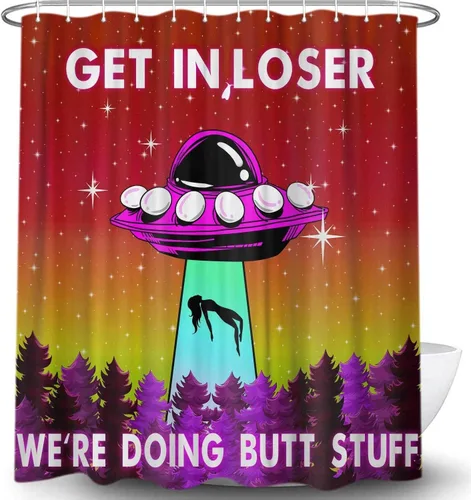 Vista 10 de MERCHR Funny UFO Shower Curtain for Bathroom, Unique Fun Alien Blue Space Starry Sky Forest Fabric Shower Curtains Set, Weird Restroom Decor