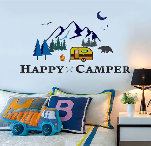 Vista 6 de Adhesivo decorativo para pared con temática de aventura, vinilo extraíble, exploración tribal, senderismo, camping, viajes, montañas, fogatas, arte
