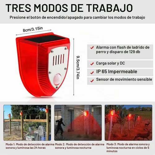 Vista 2 de Qualirey Detector de movimiento de alarma solar con sensor de movimiento al aire libre de 129 db, luz estroboscópica para perro, detector de alarma