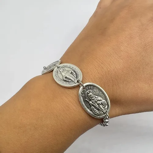 Vista 2 de Three Medals Catholic Saints Chain Stainless Steel Bracelet, St Maria Goretti Miraculous Saint Jude Pendant
