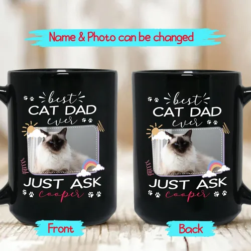 Vista 2 de Taza de cerámica negra personalizada para elegir nombre y foto con texto en inglés "Best Cat Dad Ever Just Ask", taza de café personalizada de 11