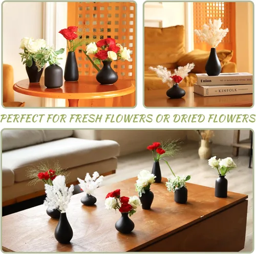 Vista 4 de Juego de 8 jarrones negros pequeños, mini jarrones de cerámica para flores Pampas Grass, Perfect for Living Room, Table Centerpieces, Black Vases