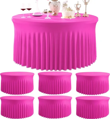 Vista 32 de Paquete de 6 manteles redondos de elastano azul bebé para mesa de 60 pulgadas, manteles elásticos de 120 pulgadas ajustables de 5 pies, manteles