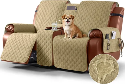 Vista 13 de Ruaozz Funda impermeable para sofá biplaza reclinable con consola, funda antideslizante para sofá reclinable dividido, con correas elásticas Beige