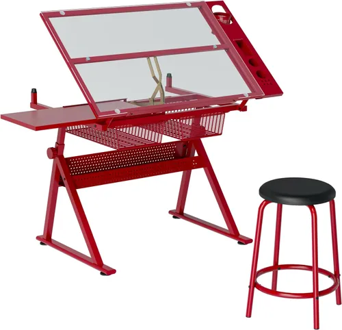 Vista 10 de Escritorio de mesa de dibujo ajustable en altura con taburete, parte superior de vidrio templado Blanco