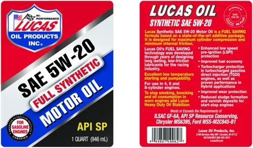 Vista 2 de Lucas Oil Aceite de motor sintético 10082 SAE 5W-20, 1 cuarto de galón