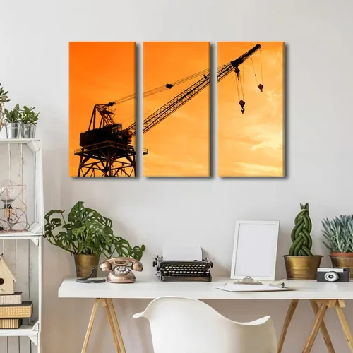 Vista 4 de TUMOVO Arte de pared con diseño de grúa para dormitorio, 3 piezas de grúa pesada al anochecer en un sitio de construcción, póster, pintura, arte