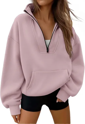 Vista 23 de Trendy Queen - Sudaderas con medio cierrey capucha de gran tamaño, comoda, extragrande, para otoño, Y2K, ropa de invierno, 2024 Gris