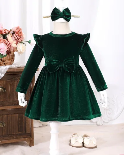 Vista 2 de Kucnuzki Vestido de terciopelo para niña pequeña, vestido de terciopelo sólido para niña, vestido de princesa casual para fiesta de otoño