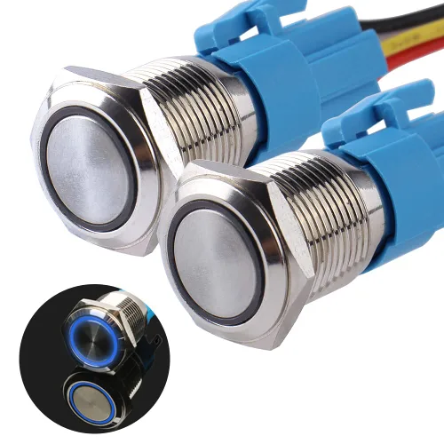 Vista 9 de Paquete de 2 interruptores de botón momentáneos de 0.63 pulgadas, 12 V-24 V, LED, impermeable, de metal, 1 NO 1 NC, con enchufe de cable