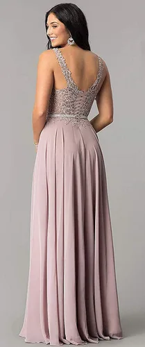 Vista 2 de Vestidos de dama de honor con apliques de encaje, vestidos largos de gasa con cuello en V, vestidos formales