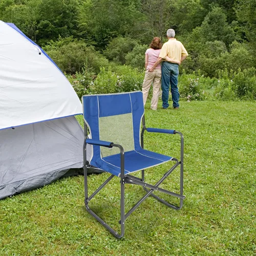 Vista 7 de Sillas plegables de acero para adultos, resistentes, portátiles, ligeras, para campamento, exteriores, interiores, para patio, césped, viajes, Azul